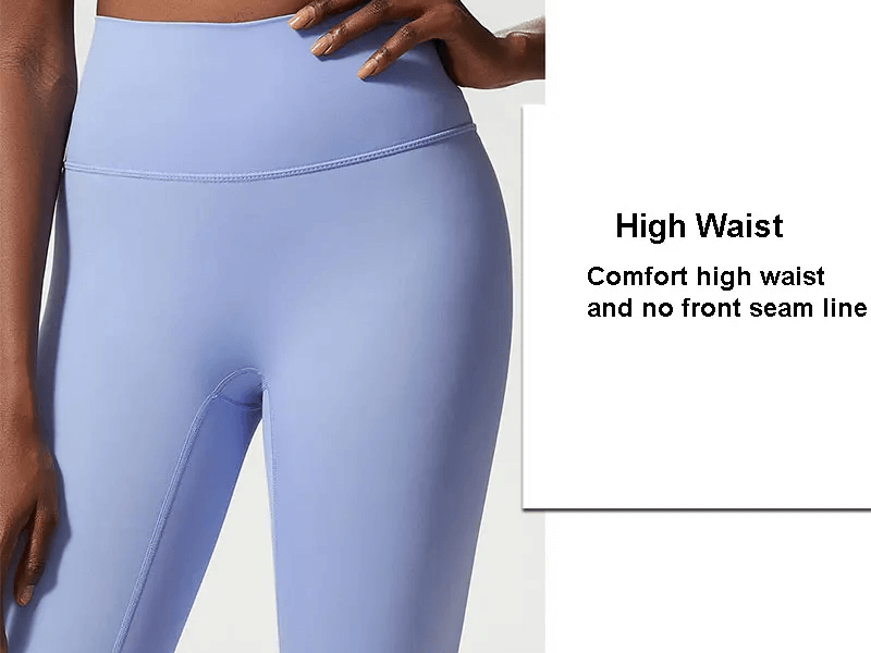 Close-up of women's high waist activewear leggings in blue, designed for comfort with no front seam line.